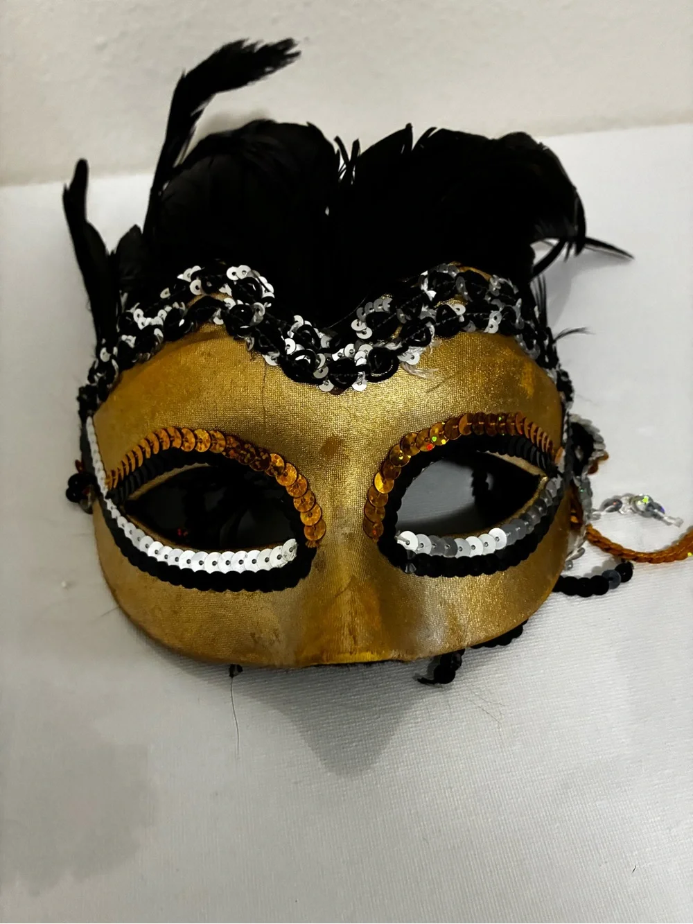 Gold and Black Feathered Masquerade Eye Mask - Women's Accessory